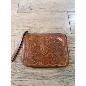 Patricia Nash Leather Wristlet‎ Clutch Handbag Tooled Floral Design Brown